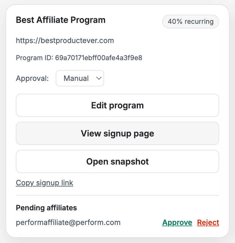 Approve or reject affiliate